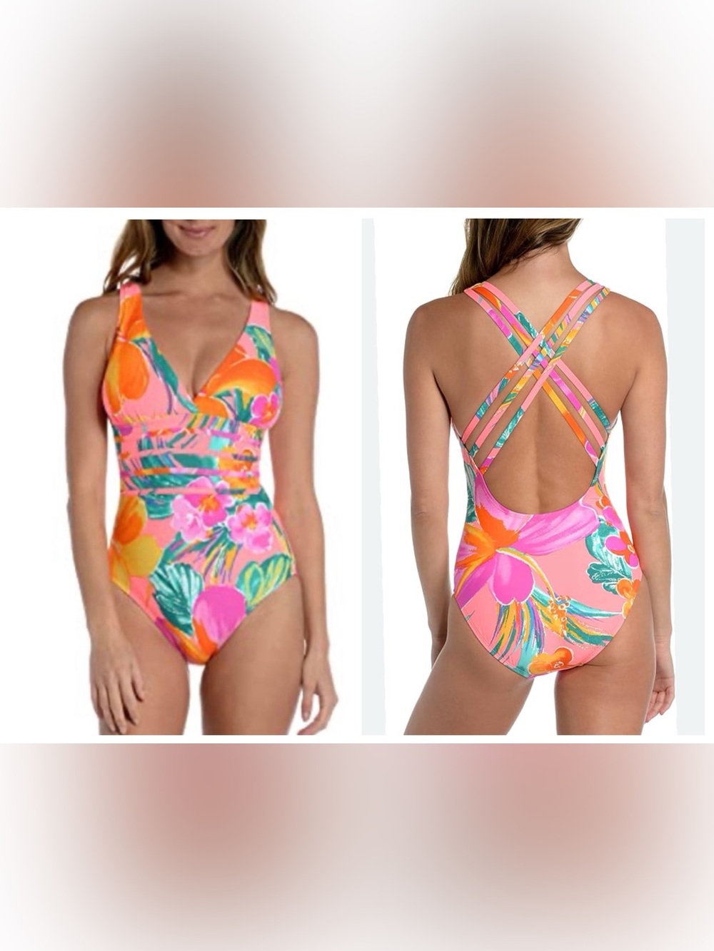 La Blanca NWT Multi Strap Cross Back OnePiece Swimsuit 10 Hot Coral Isla Del Sol